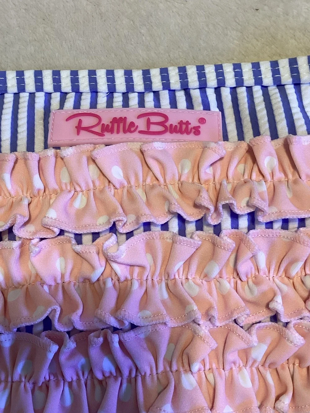 Ruffle Butts Blue Stripe Bikini Bottom with Pink Ruffles
